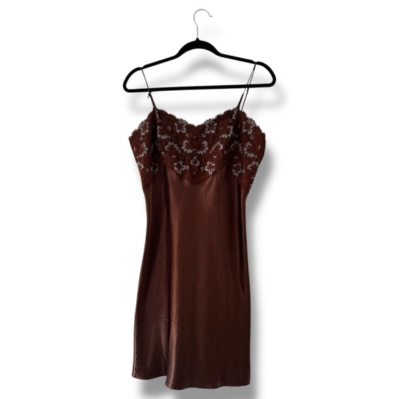 Cabernet Sleepwear Brown & Blue Lace Satin Slip Dress Nightgown Bias Cut Medium - Picture 1 of 10